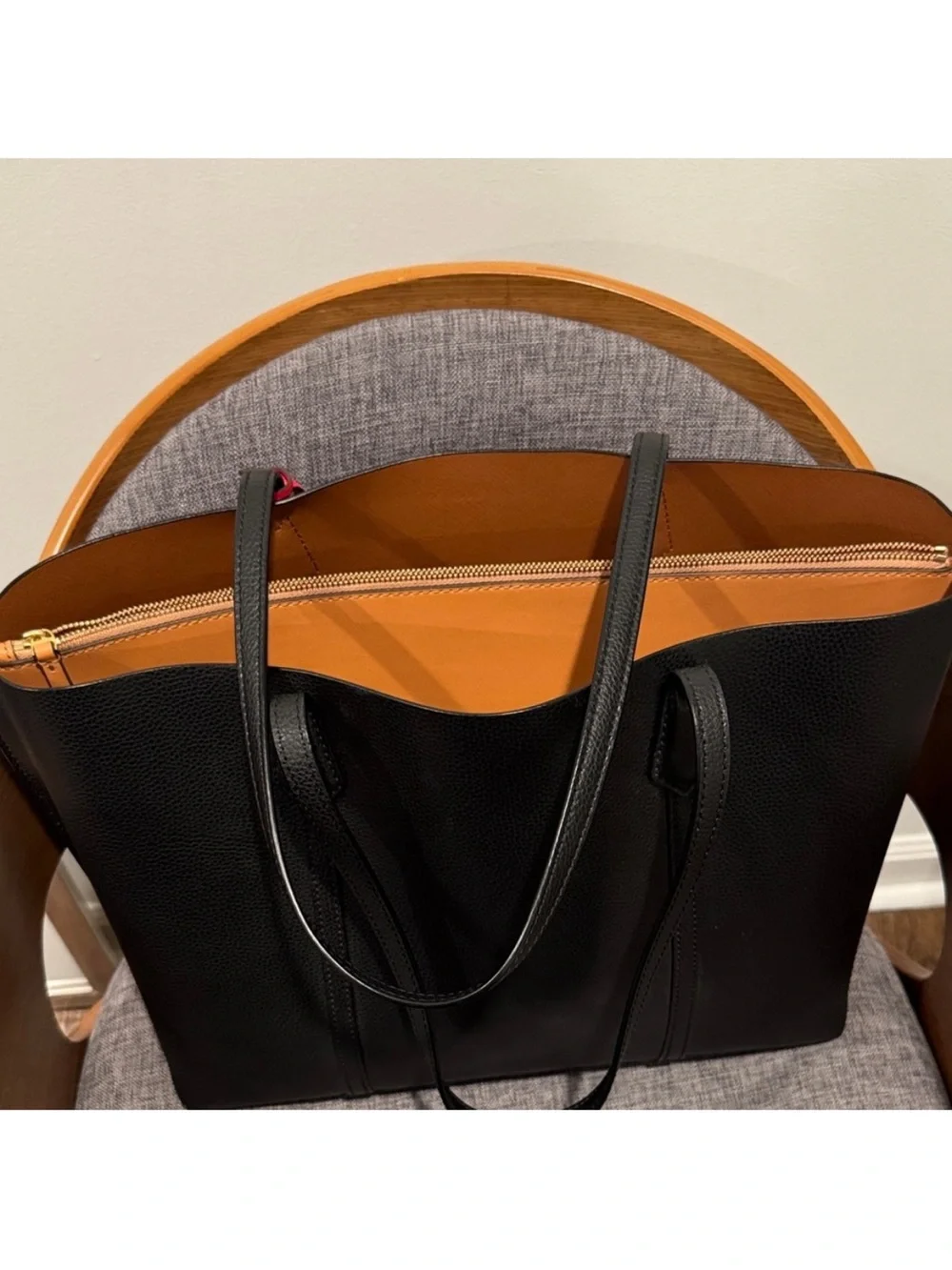 Tory Burch Black Leather Tote with Pink Tag Accent - Picture 3 of 4